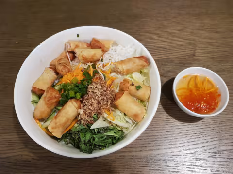 Vermicelli Rice Noodles with spring rolls.